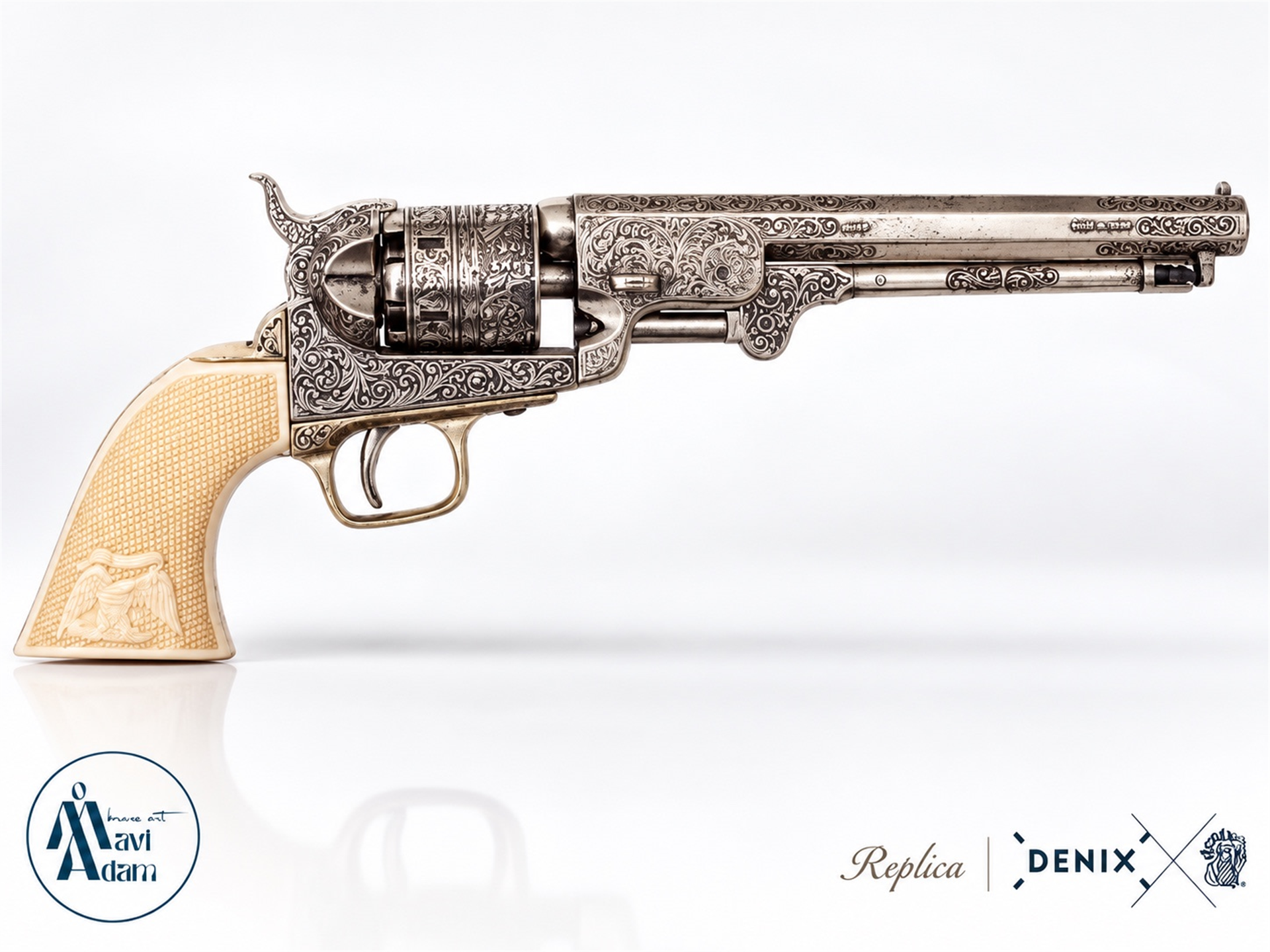 Denix 1040/B Colt Navy 1851 dekoratif revolver replikası tam sol profil gravür detayları