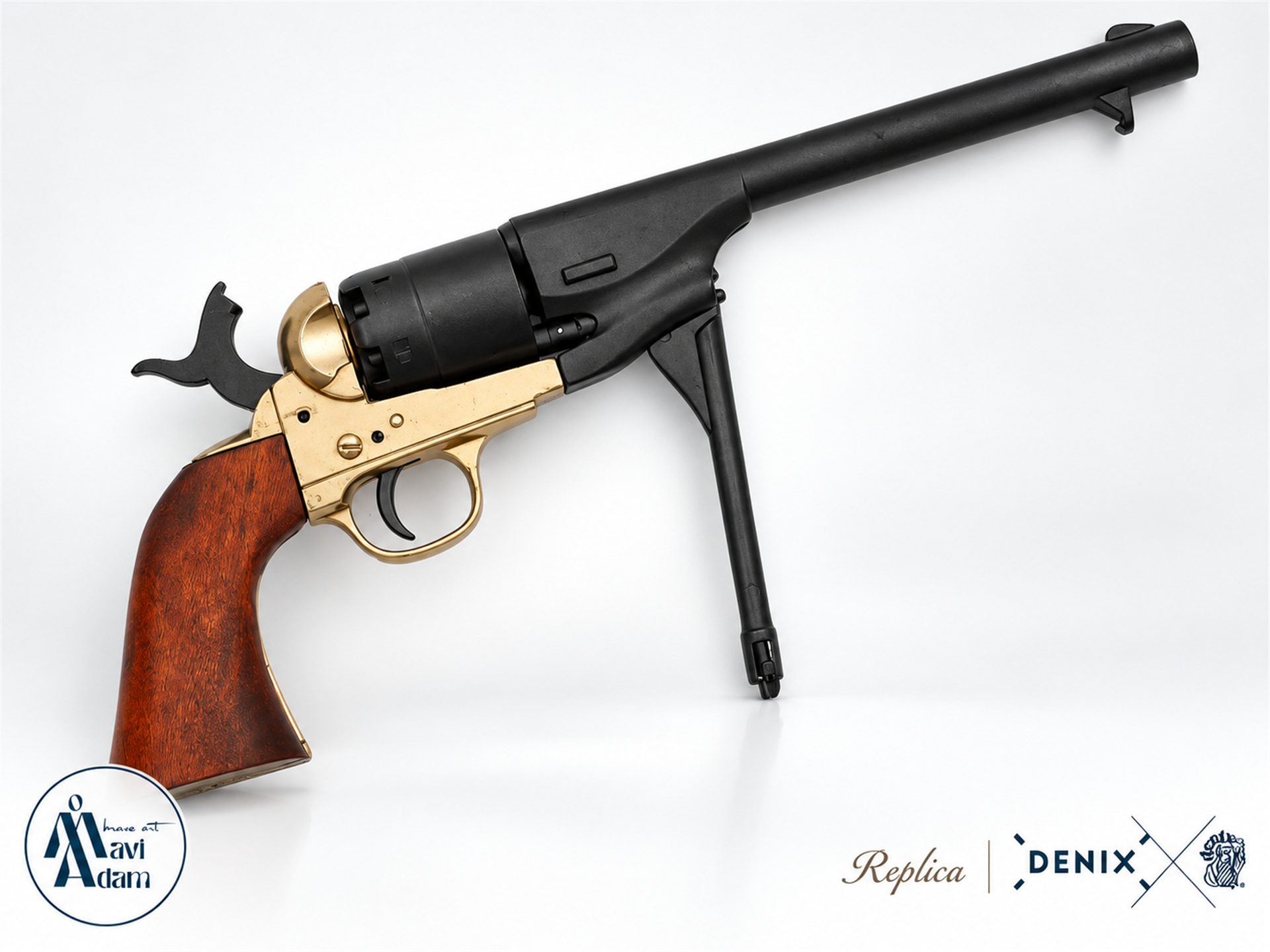 Denix 1007/L Amerikan İç Savaşı Army revolver ahşap kabza pirinç ve siyah metal detaylı açılı görünüm, MaviAdam