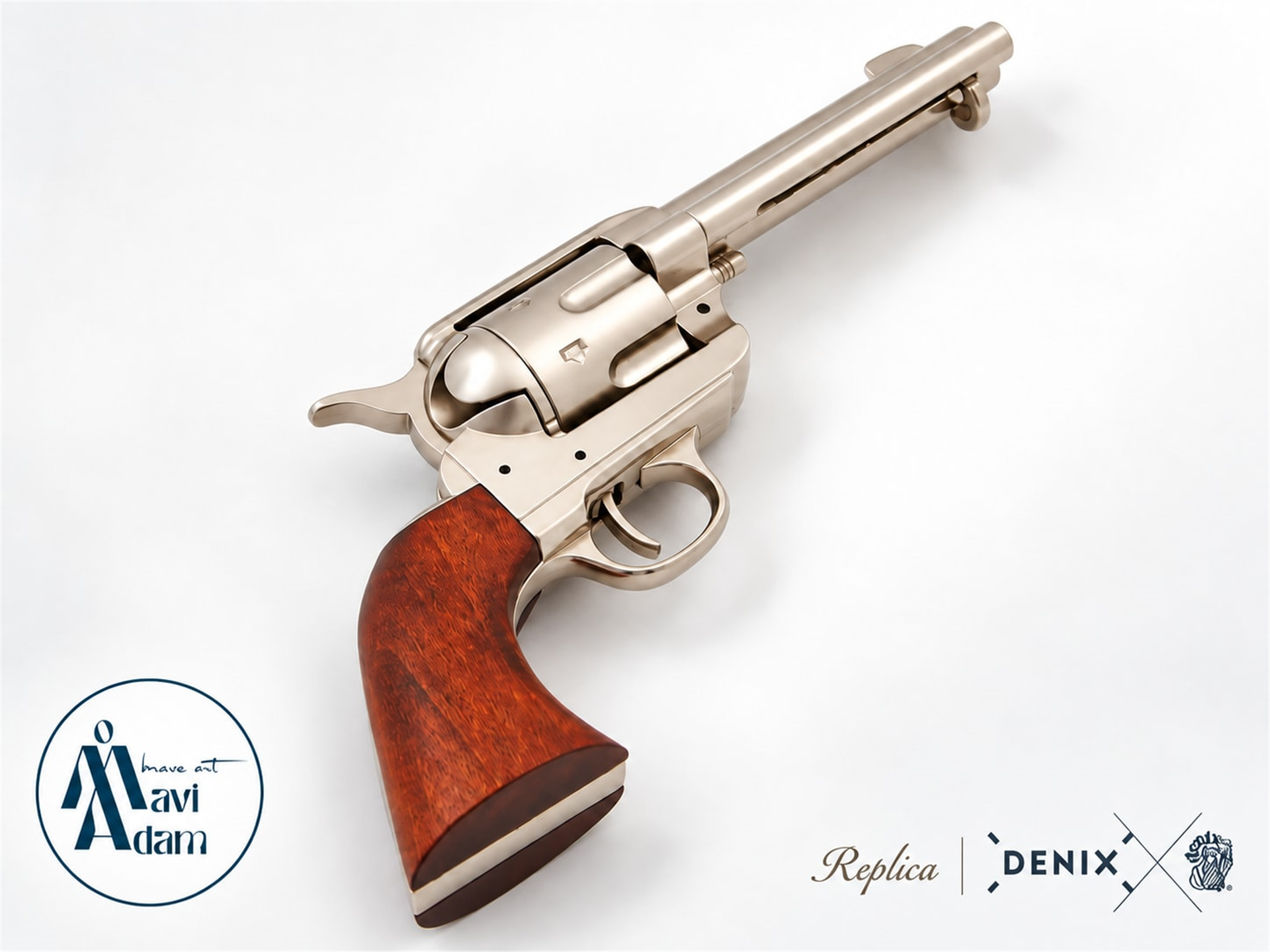 Denix Peacemaker 1186/NQ dekoratif revolver replikası üst çapraz görünüm, metal yüzey ve ahşap kabza detayı, MaviAdam
