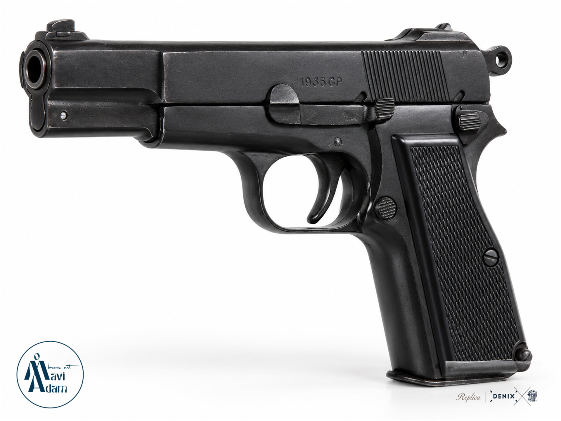 Denix 1235 HP GP35 Belçika 1935 dekoratif tabanca replikası tam yan profil premium görünüm