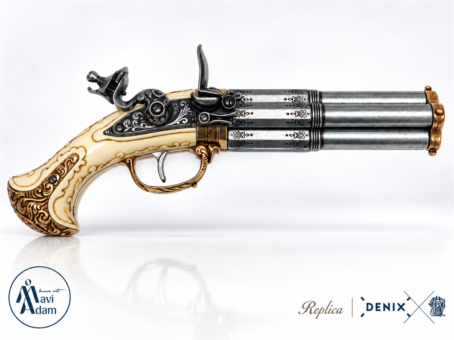 Denix 1310 dört namlulu çakmaklı tabanca replikası premium yan profil, MaviAdam