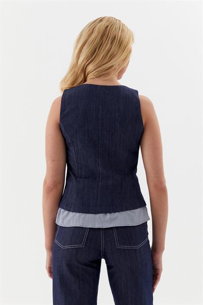 Altı Poplin Çizgili Slim Yelek İndigo