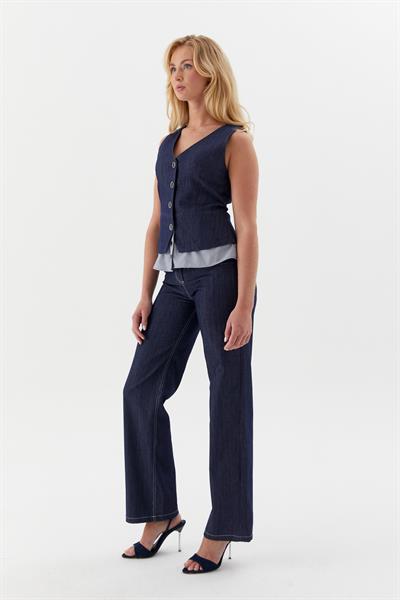 Altı Poplin Çizgili Slim Yelek İndigo