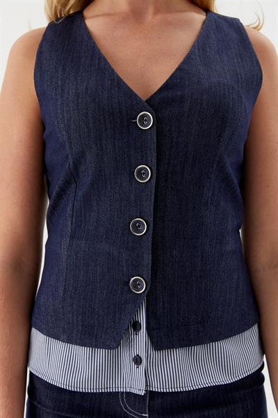 Altı Poplin Çizgili Slim Yelek İndigo