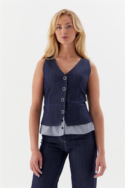 Altı Poplin Çizgili Slim Yelek İndigo