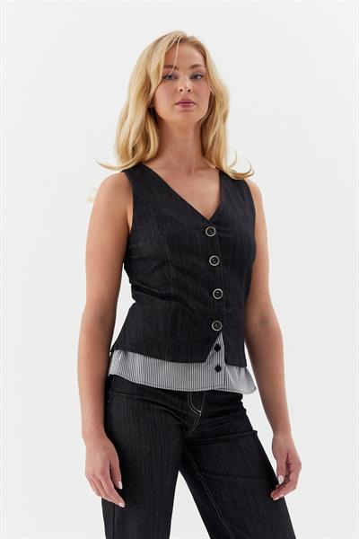 Altı Poplin Çizgili Slim Yelek Siyah