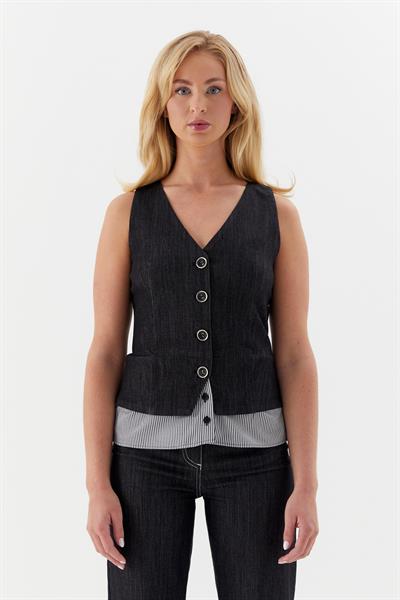 Altı Poplin Çizgili Slim Yelek Siyah