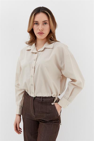 Alttan Bağcıklı Poplin Gömlek  Bej
