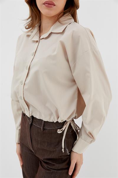 Alttan Bağcıklı Poplin Gömlek  Bej