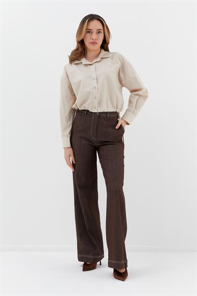 Alttan Bağcıklı Poplin Gömlek  Bej