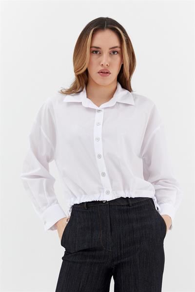 Alttan Bağcıklı Poplin Gömlek Beyaz