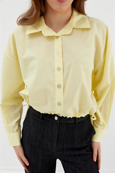 Alttan Bağcıklı Poplin Gömlek Sarı