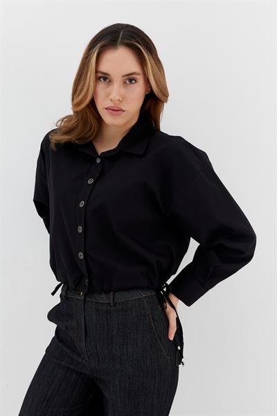 Alttan Bağcıklı Poplin Gömlek Siyah