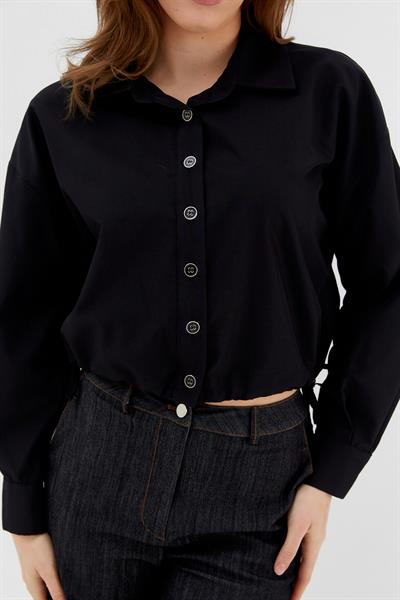 Alttan Bağcıklı Poplin Gömlek Siyah