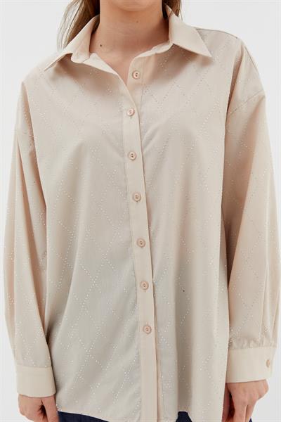 Baklava Taşlı Poplin Gömlek Bej