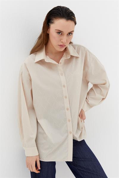 Baklava Taşlı Poplin Gömlek Bej