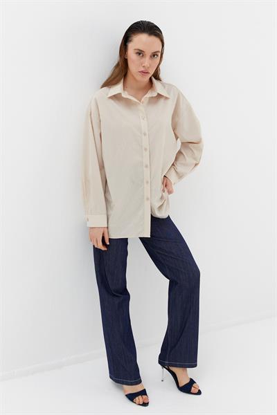 Baklava Taşlı Poplin Gömlek Bej