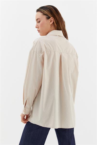 Baklava Taşlı Poplin Gömlek Bej