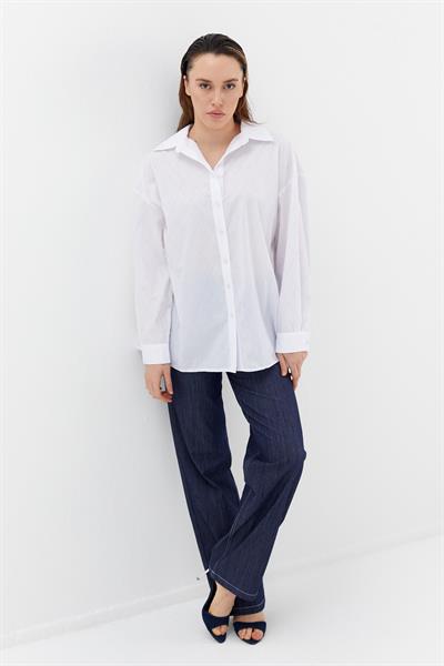 Baklava Taşlı Poplin Gömlek Beyaz