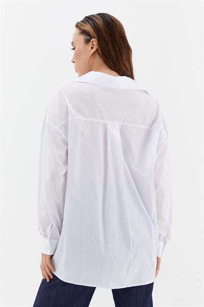 Baklava Taşlı Poplin Gömlek Beyaz