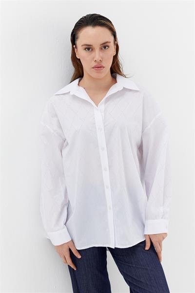 Baklava Taşlı Poplin Gömlek Beyaz