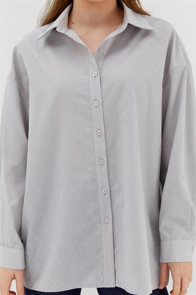 Baklava Taşlı Poplin Gömlek Gri