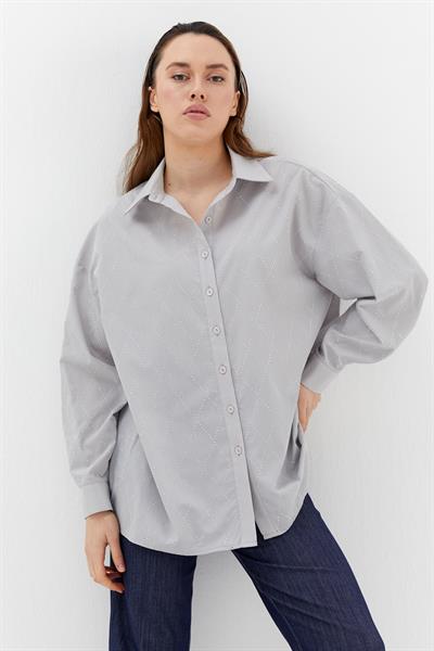 Baklava Taşlı Poplin Gömlek Gri