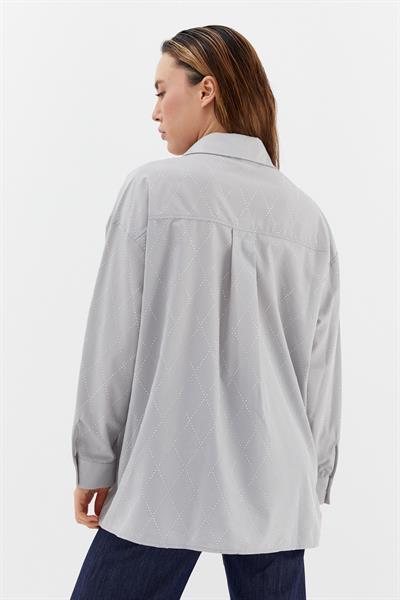 Baklava Taşlı Poplin Gömlek Gri