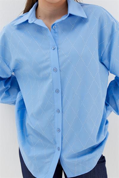 Baklava Taşlı Poplin Gömlek Mavi