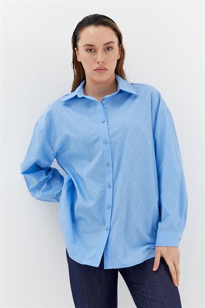 Baklava Taşlı Poplin Gömlek Mavi