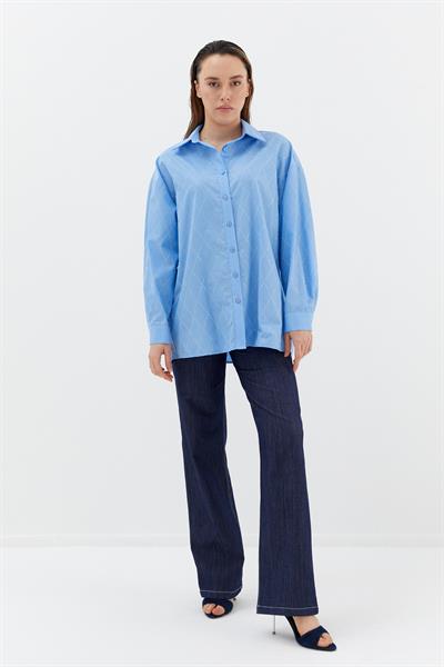 Baklava Taşlı Poplin Gömlek Mavi