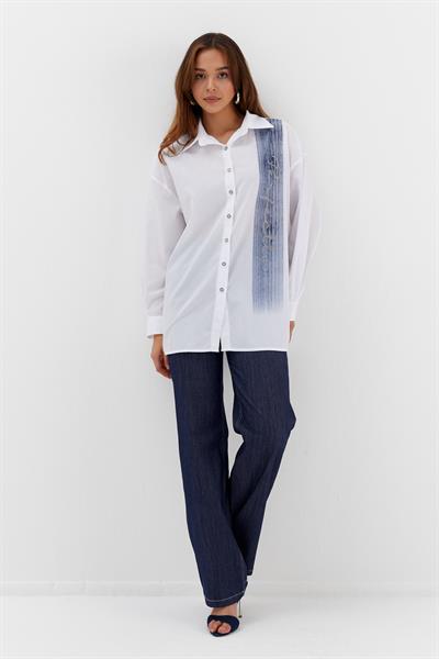 Baskılı Poplin Gömlek Beyaz/İndigo