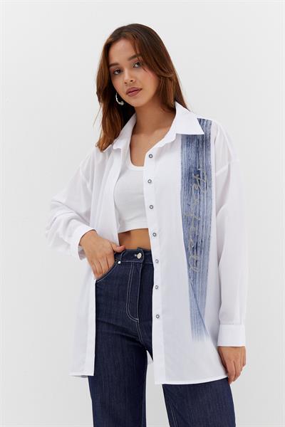 Baskılı Poplin Gömlek Beyaz/İndigo
