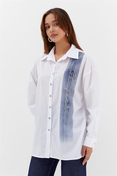 Baskılı Poplin Gömlek Beyaz/İndigo