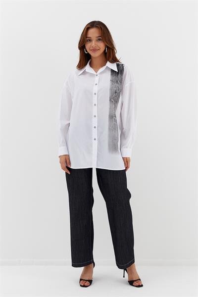 Baskılı Poplin Gömlek Beyaz/Siyah