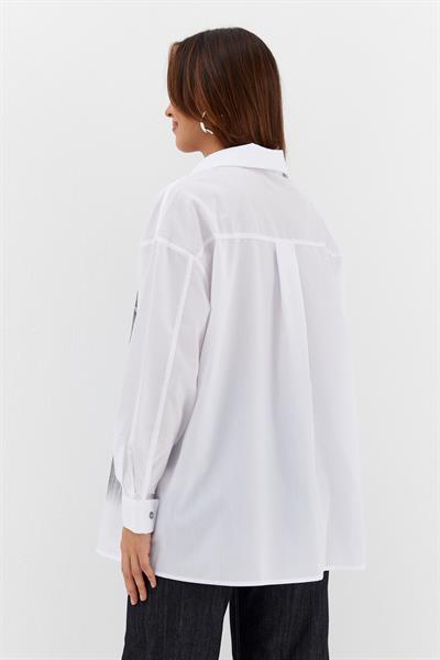 Baskılı Poplin Gömlek Beyaz/Siyah