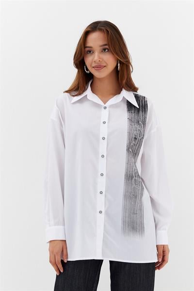 Baskılı Poplin Gömlek Beyaz/Siyah