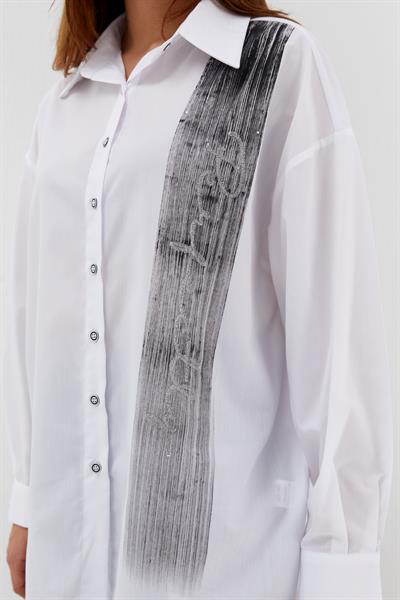 Baskılı Poplin Gömlek Beyaz/Siyah