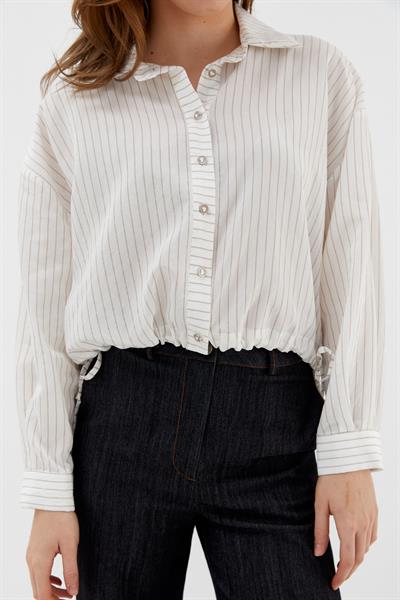 Beli Bağcıklı Çizgili Gömlek Bej