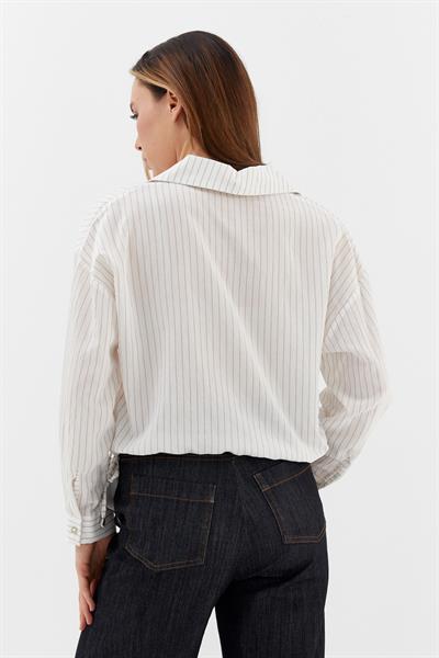 Beli Bağcıklı Çizgili Gömlek Bej