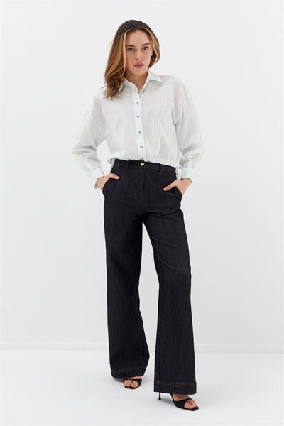 Beli Bağcıklı Çizgili Gömlek Mavi