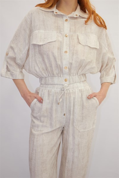 Beli Lastikli Bomber Ceket Pantolon Takım Beyaz