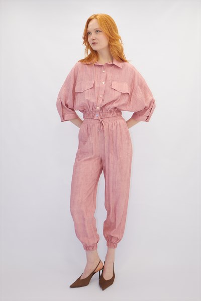 Beli Lastikli Bomber Ceket Pantolon Takım Pembe