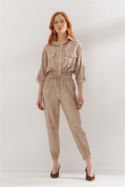 Beli Lastikli Bomber Ceket Pantolon Takım Bej