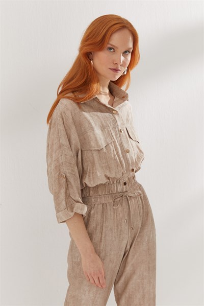 Beli Lastikli Bomber Ceket Pantolon Takım Bej