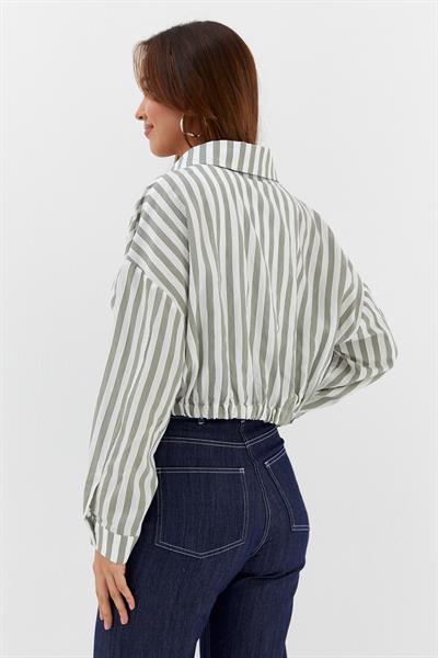 Beli Lastikli Çizgili Crop Gömlek Çağla / Beyaz