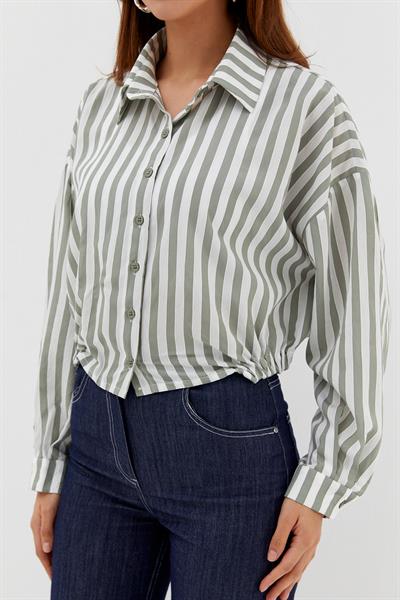 Beli Lastikli Çizgili Crop Gömlek Çağla / Beyaz