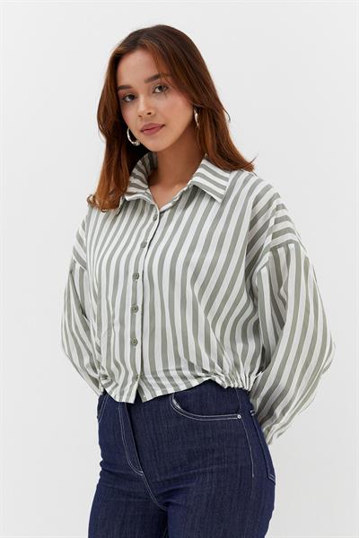 Beli Lastikli Çizgili Crop Gömlek Çağla / Beyaz
