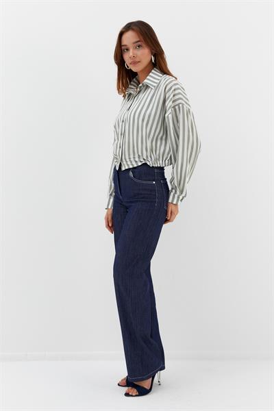 Beli Lastikli Çizgili Crop Gömlek Çağla / Beyaz