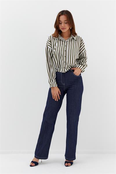 Beli Lastikli Çizgili Crop Gömlek Haki / Beyaz